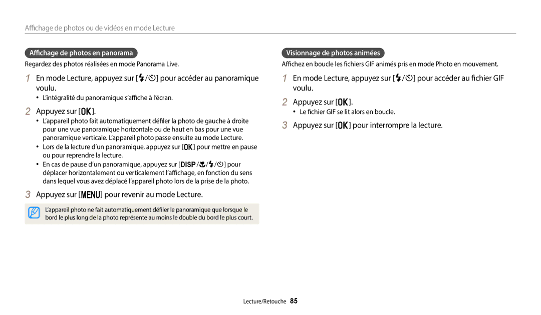 Samsung EC-ST150FBPBFR manual Appuyez sur o, Appuyez sur m pour revenir au mode Lecture, Affichage de photos en panorama 