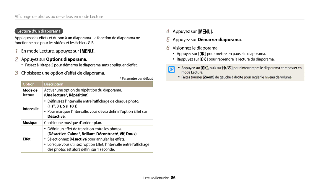 Samsung EC-ST72ZZBPBFR Appuyez sur Options diaporama, Choisissez une option d’effet de diaporama, Visionnez le diaporama 