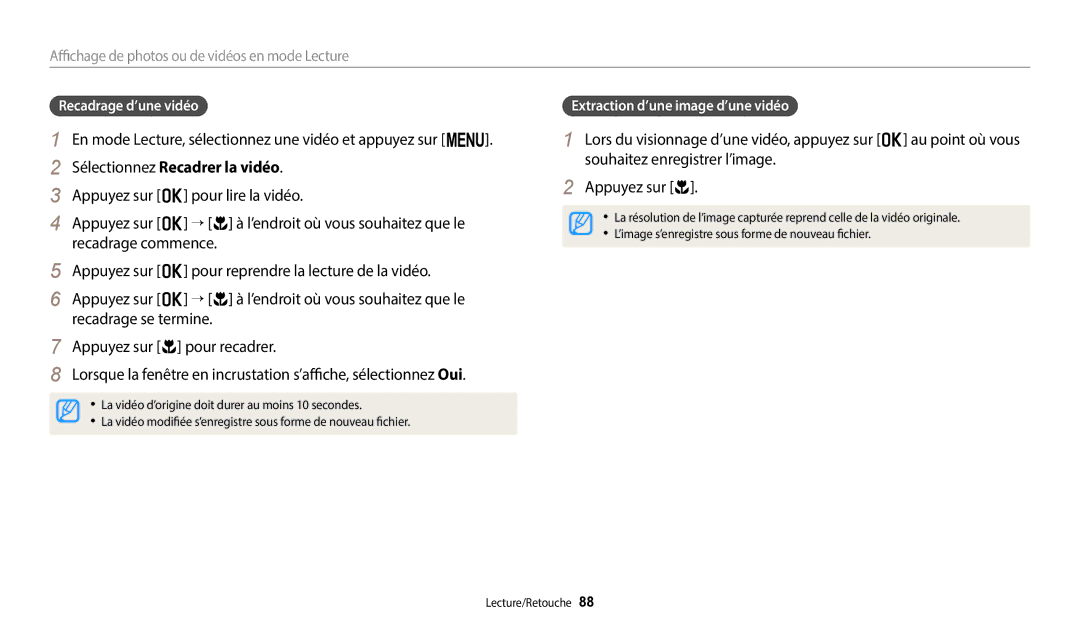 Samsung EC-ST73ZZBDWFR manual En mode Lecture, sélectionnez une vidéo et appuyez sur m, Sélectionnez Recadrer la vidéo 