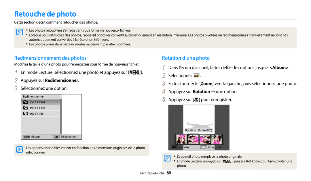 Samsung EC-ST73ZZBDRFR Retouche de photo, Redimensionnement des photos, Rotation d’une photo, Appuyez sur Redimensionner 