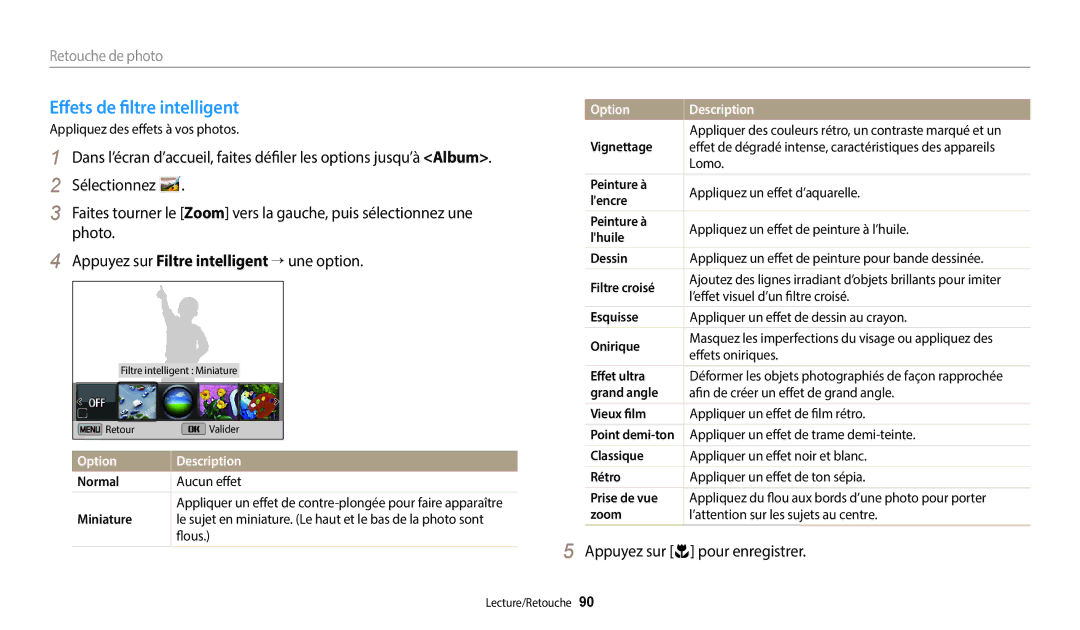 Samsung EC-ST73ZZBDBFR, EC-ST73ZZBDRFR, EC-ST72ZZBPRFR, EC-ST72ZZBPWFR, EC-ST152FBDWFR manual Effets de filtre intelligent 