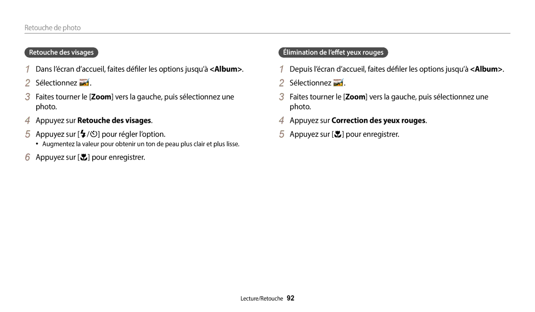 Samsung EC-ST72ZZBPWFR, EC-ST73ZZBDRFR manual Appuyez sur Retouche des visages, Appuyez sur F/t pour régler l’option 