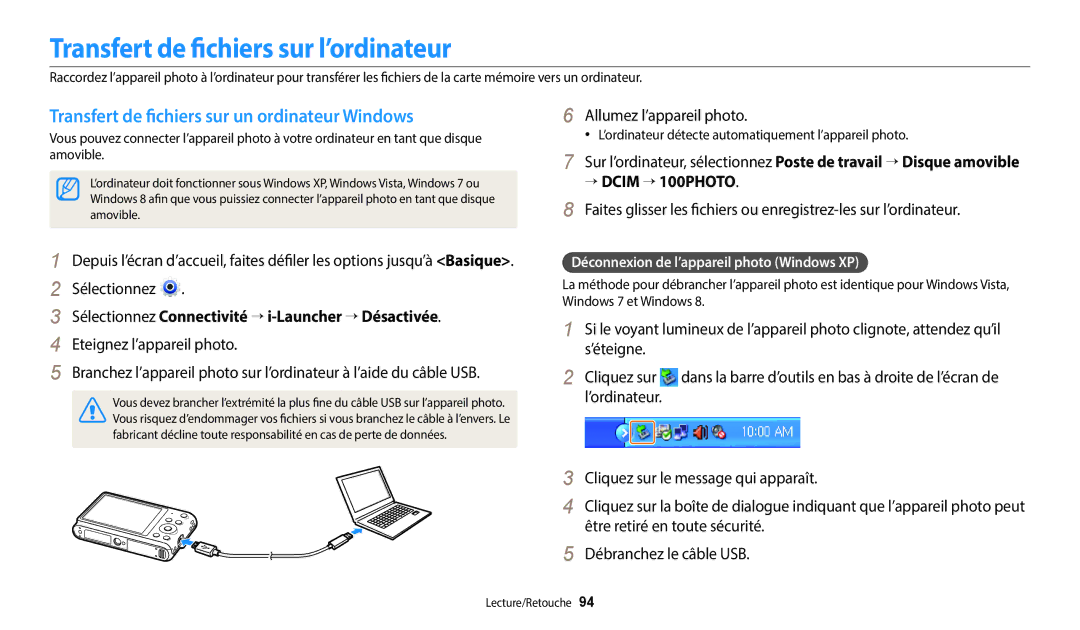 Samsung EC-ST150FBPBFR manual Transfert de fichiers sur l’ordinateur, Transfert de fichiers sur un ordinateur Windows 