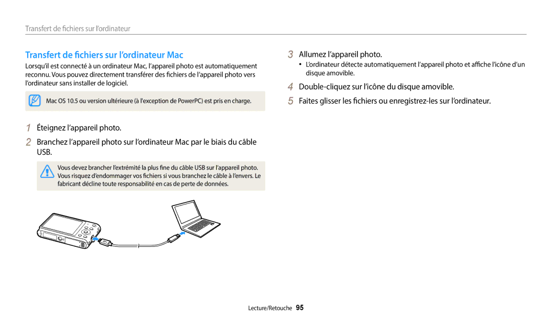 Samsung EC-ST72ZZBPBFR, EC-ST73ZZBDRFR, EC-ST73ZZBDBFR, EC-ST72ZZBPRFR manual Transfert de fichiers sur l’ordinateur Mac 