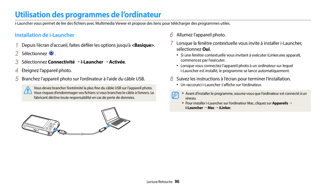 Samsung EC-ST150FBPWFR, EC-ST73ZZBDRFR manual Utilisation des programmes de l’ordinateur, Installation de i-Launcher 