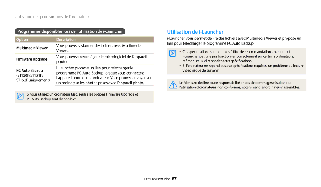 Samsung EC-ST73ZZBDWFR manual Utilisation de i-Launcher, Programmes disponibles lors de l’utilisation de i-Launcher 