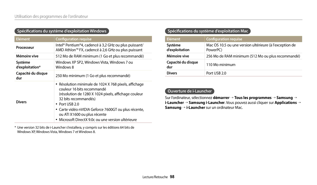 Samsung EC-ST73ZZBDRFR Spécifications du système d’exploitation Windows, Spécifications du système d’exploitation Mac 