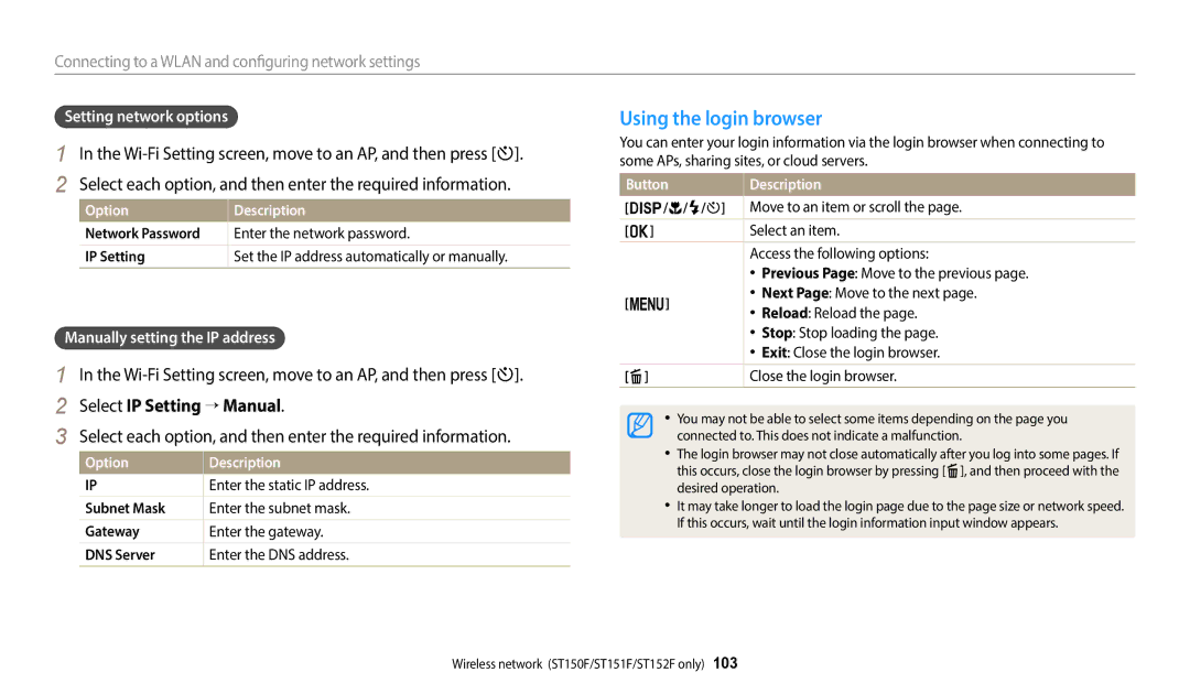 Samsung EC-ST150FBDPSA manual Using the login browser, Select IP Setting → Manual, Setting network options, Button 