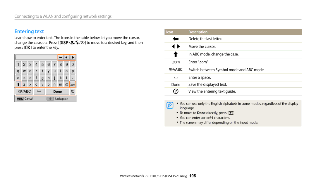 Samsung EC-ST72ZZBDWSA, EC-ST73ZZBDRFR, EC-ST73ZZBDBFR, EC-ST72ZZBPRFR, EC-ST72ZZBPWFR, EC-ST152FBDWFR manual Entering text 