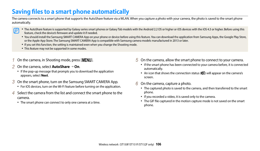 Samsung EC-ST150FDPBM3, EC-ST73ZZBDRFR manual Saving files to a smart phone automatically, On the camera, capture a photo 