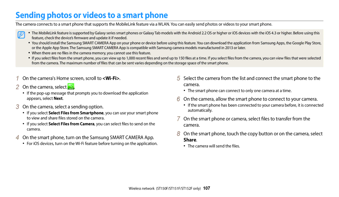 Samsung EC-ST150FBDSSA, EC-ST73ZZBDRFR Sending photos or videos to a smart phone, On the camera, select a sending option 