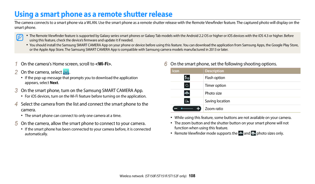 Samsung EC-ST72ZZBDLSA, EC-ST73ZZBDRFR, EC-ST73ZZBDBFR, EC-ST72ZZBPRFR manual Using a smart phone as a remote shutter release 