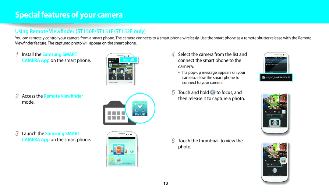 Samsung EC-ST150FBPPE1 manual Using Remote Viewfinder ST150F/ST151F/ST152F only, Touch the thumbnail to view the photo 