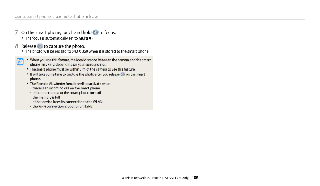 Samsung EC-ST150FBDWSA, EC-ST73ZZBDRFR manual On the smart phone, touch and hold to focus, Release To capture the photo 