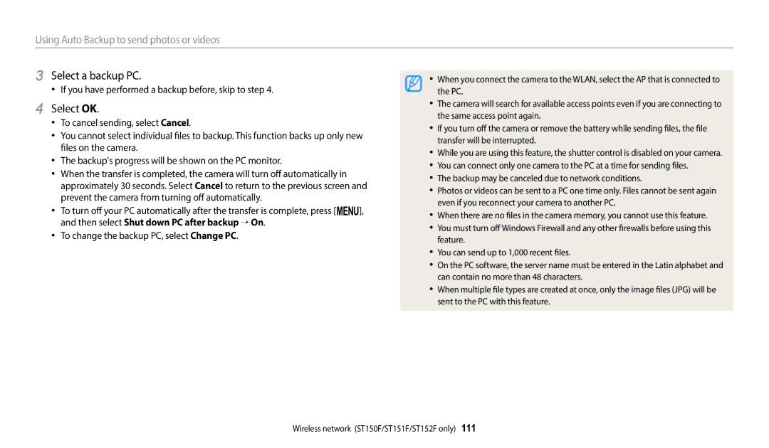 Samsung EC-ST150FBDBSA, EC-ST73ZZBDRFR Select a backup PC, Select OK, If you have performed a backup before, skip to step 