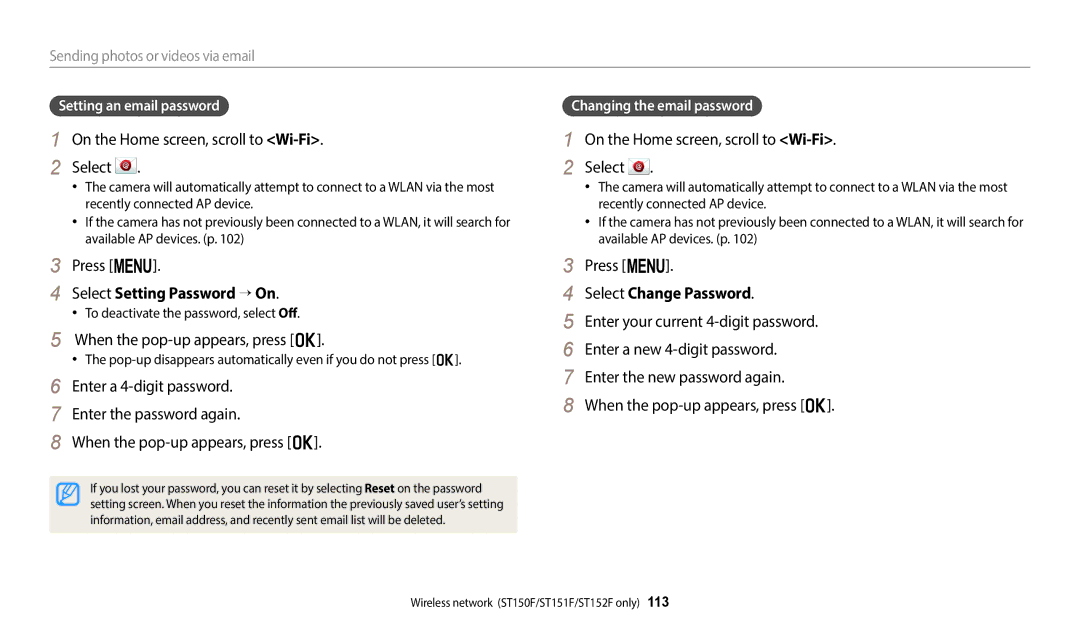 Samsung EC-ST72ZZBDWVN manual Select Setting Password → On, When the pop-up appears, press o, Select Change Password 