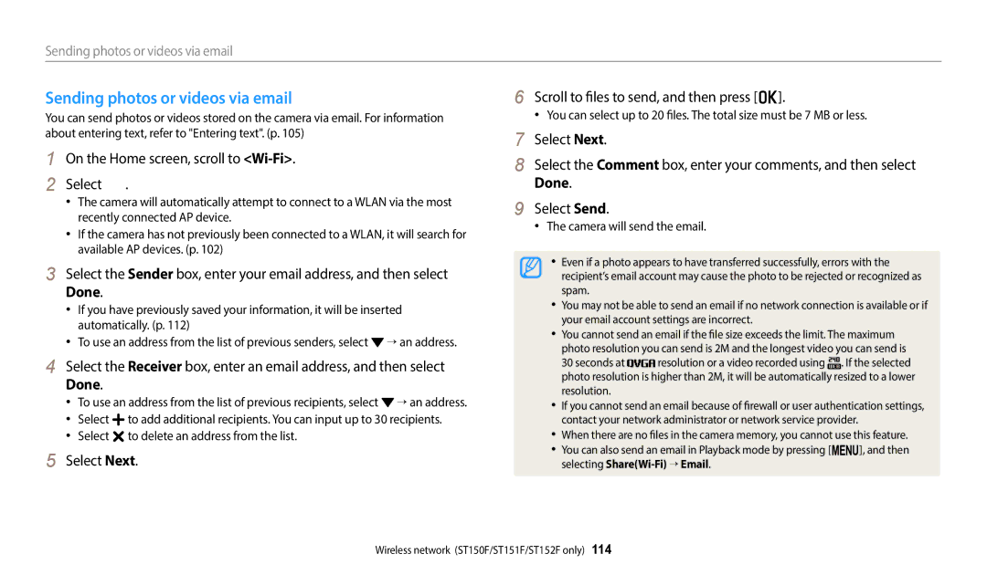 Samsung EC-ST72ZZBDBVN manual Sending photos or videos via email, Select Next Scroll to files to send, and then press o 