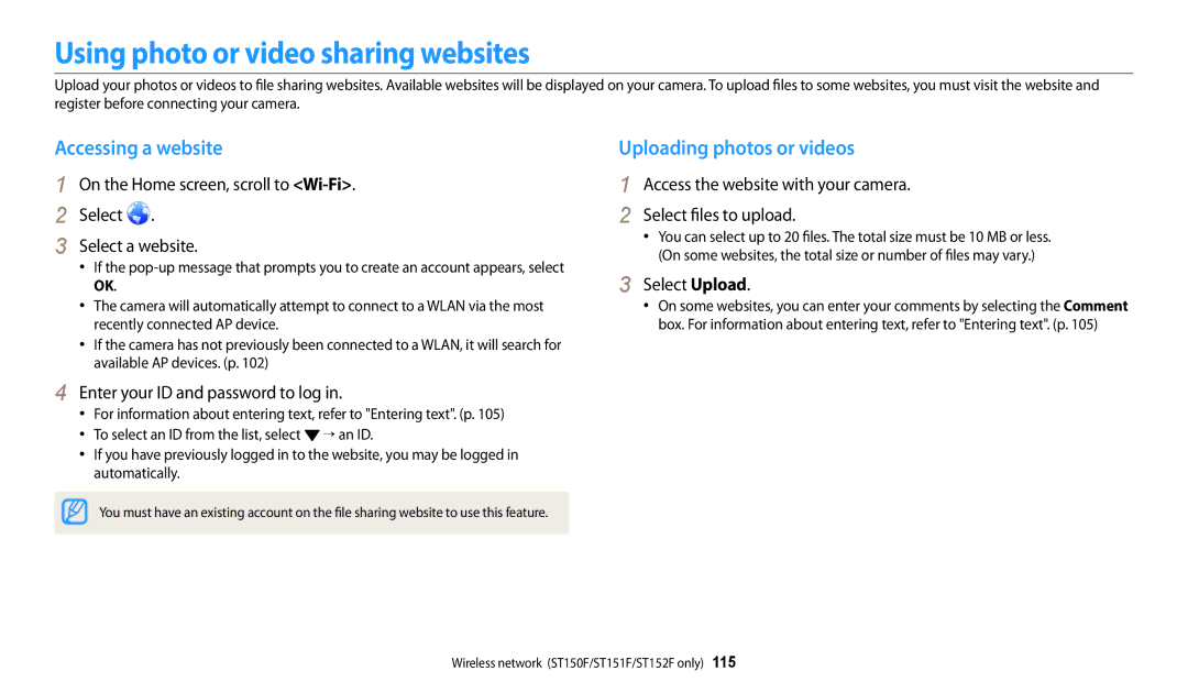 Samsung EC-ST150FBDSVN manual Using photo or video sharing websites, Accessing a website, Uploading photos or videos 