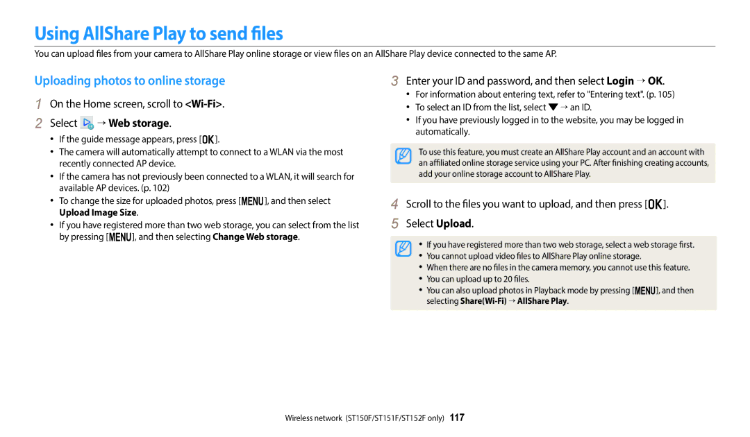 Samsung EC-ST150FBPWE3, EC-ST73ZZBDRFR manual Using AllShare Play to send files, Uploading photos to online storage 