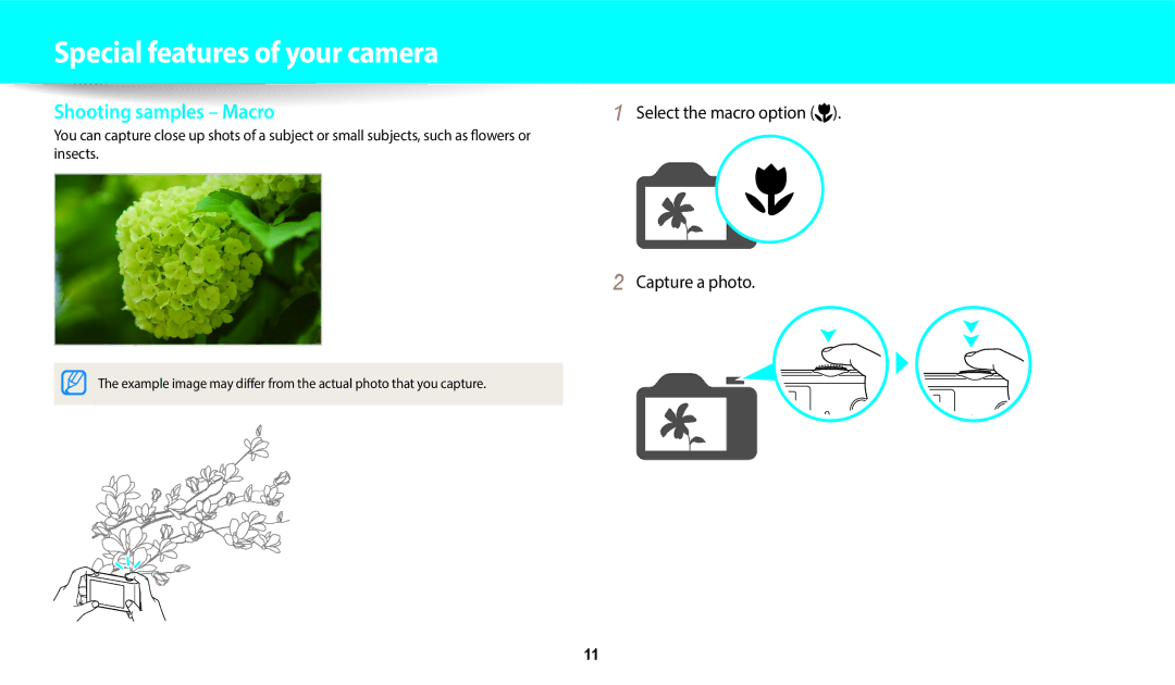 Samsung EC-ST72ZZBPWE1, EC-ST73ZZBDRFR, EC-ST73ZZBDBFR manual Shooting samples Macro, Select the macro option Capture a photo 