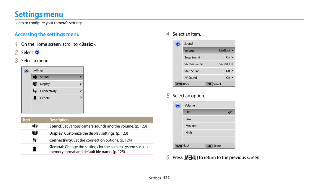 Samsung EC-ST150FBPBE3, EC-ST73ZZBDRFR, EC-ST73ZZBDBFR manual Settings menu, Accessing the settings menu, Select an item 