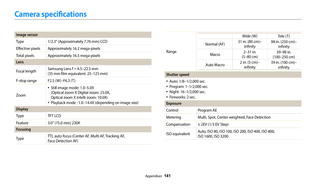 Samsung EC-ST72ZZBPWRU, EC-ST73ZZBDRFR manual Camera specifications, Image sensor, Focusing, Shutter speed, Exposure 