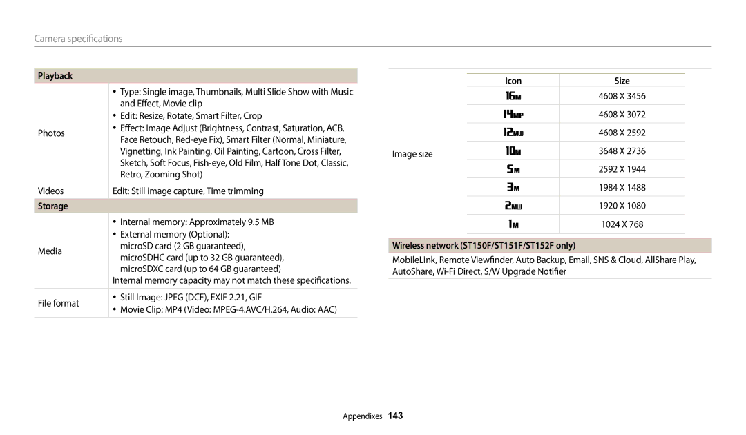 Samsung EC-ST72ZZBPRKZ, EC-ST73ZZBDRFR, EC-ST73ZZBDBFR manual Storage, Icon Size, Wireless network ST150F/ST151F/ST152F only 