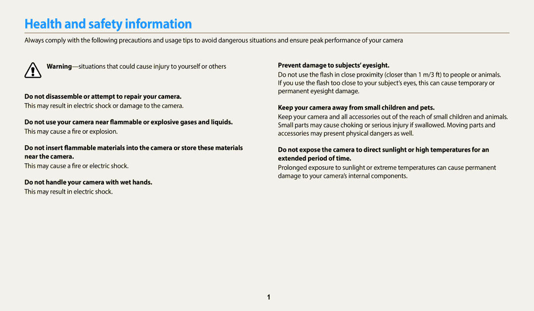 Samsung EC-ST72ZZBPRFR, EC-ST73ZZBDRFR Health and safety information, Do not disassemble or attempt to repair your camera 