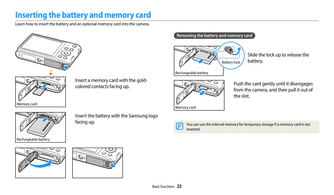 Samsung EC-ST72ZZBPWIL, EC-ST73ZZBDRFR Inserting the battery and memory card, Slide the lock up to release the battery 