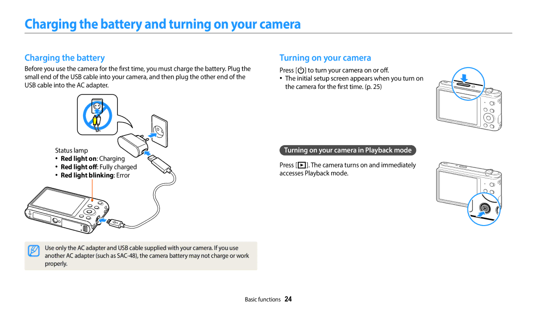 Samsung EC-ST72ZZBPRE1, EC-ST73ZZBDRFR manual Charging the battery and turning on your camera, Turning on your camera 