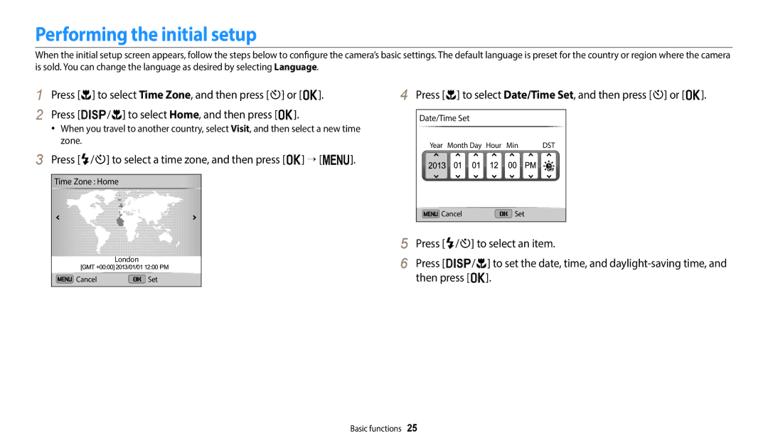 Samsung EC-ST72ZZBPLIL, EC-ST73ZZBDRFR Performing the initial setup, Press F/t to select a time zone, and then press o → m 