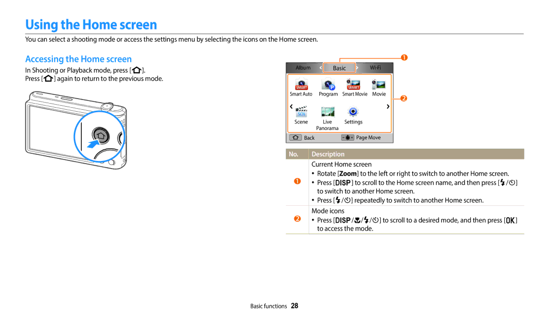 Samsung EC-ST150FDPWM3 manual Using the Home screen, Accessing the Home screen, Shooting or Playback mode, press h 