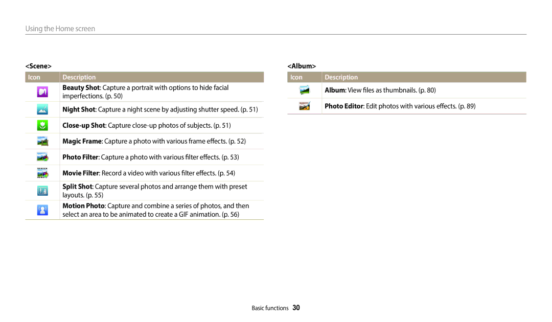 Samsung EC-ST150FDPBM3, EC-ST73ZZBDRFR manual Scene Album, Close-up Shot Capture close-up photos of subjects. p, Layouts. p 
