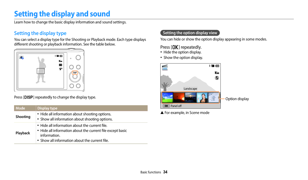 Samsung EC-ST72ZZBDRSA Setting the display and sound, Setting the display type, Press o repeatedly, Mode Display type 