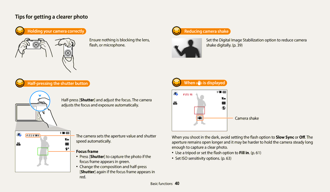 Samsung EC-ST72ZZBDRVN Holding your camera correctly, Half-pressing the shutter button, Reducing camera shake, Focus frame 