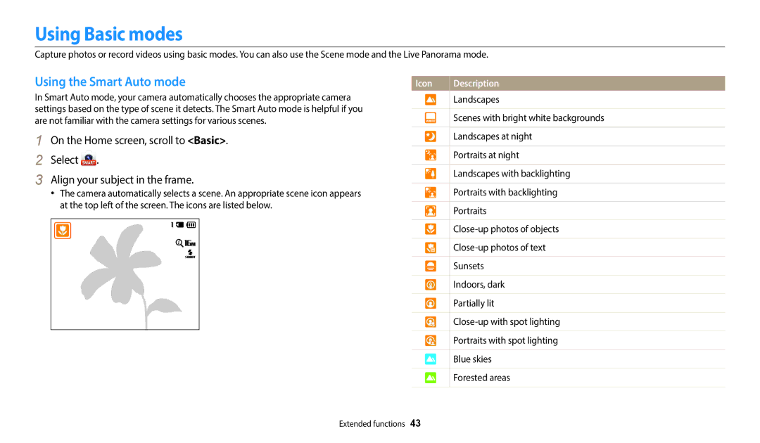 Samsung EC-ST72ZZBPRE3, EC-ST73ZZBDRFR, EC-ST73ZZBDBFR, EC-ST72ZZBPRFR manual Using Basic modes, Using the Smart Auto mode 