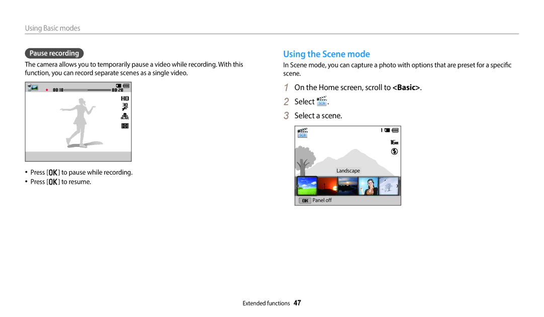 Samsung EC-ST72ZZBPWE3 Using the Scene mode, On the Home screen, scroll to Basic Select Select a scene, Pause recording 