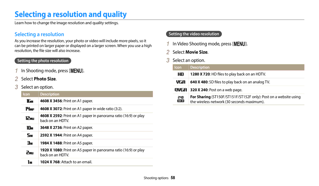 Samsung EC-ST150FBPBKZ, EC-ST73ZZBDRFR Selecting a resolution and quality, Select Photo Size, Video Shooting mode, press m 