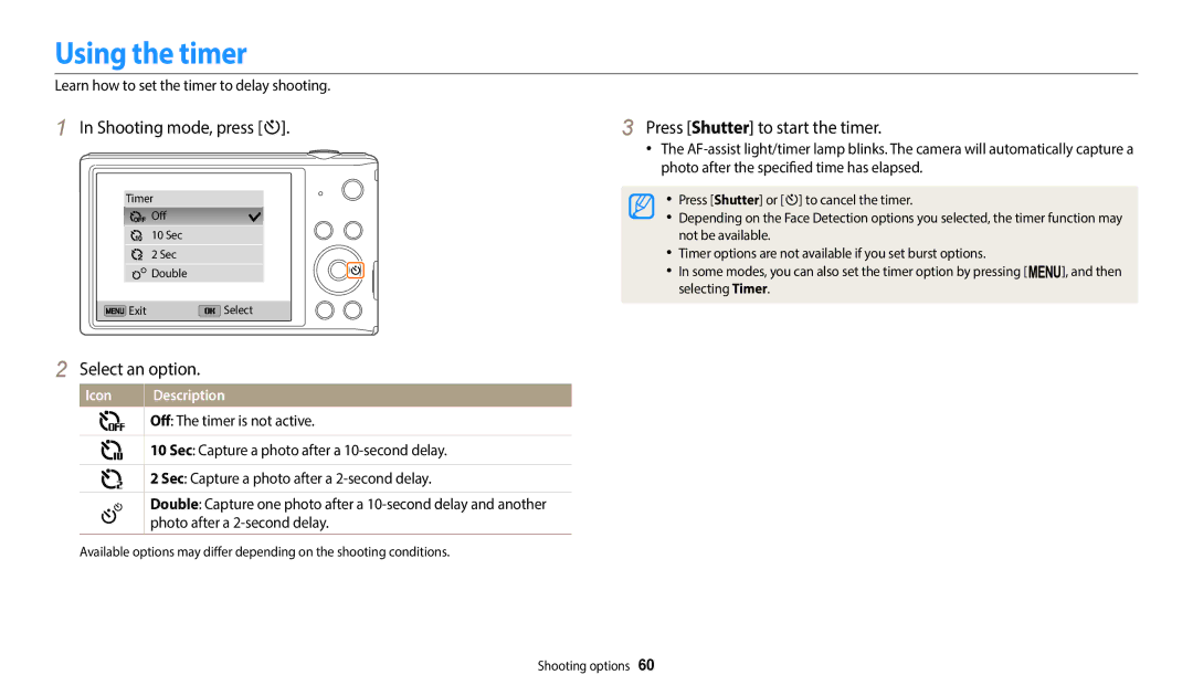 Samsung EC-ST150FBPWKZ, EC-ST73ZZBDRFR manual Using the timer, Shooting mode, press t, Press Shutter to start the timer 