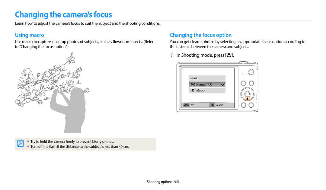 Samsung EC-ST72ZZBPBRU manual Changing the camera’s focus, Using macro, Changing the focus option, Shooting mode, press c 