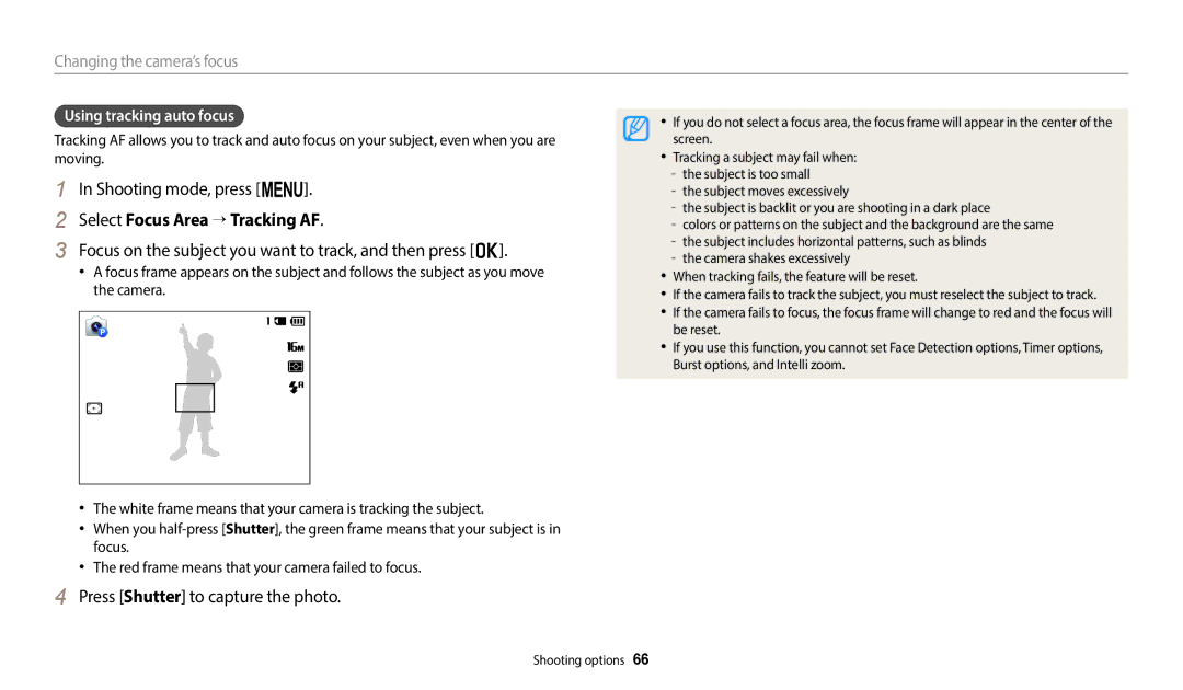 Samsung EC-ST150FBPSKZ manual Select Focus Area → Tracking AF, Focus on the subject you want to track, and then press o 