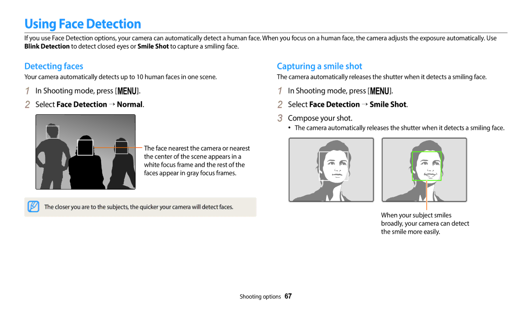 Samsung EC-ST72ZZBPRKZ manual Using Face Detection, Detecting faces, Capturing a smile shot, Select Face Detection → Normal 