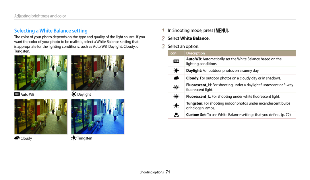 Samsung EC-ST152FBDWE3, EC-ST73ZZBDRFR, EC-ST73ZZBDBFR manual Selecting a White Balance setting, Select White Balance 