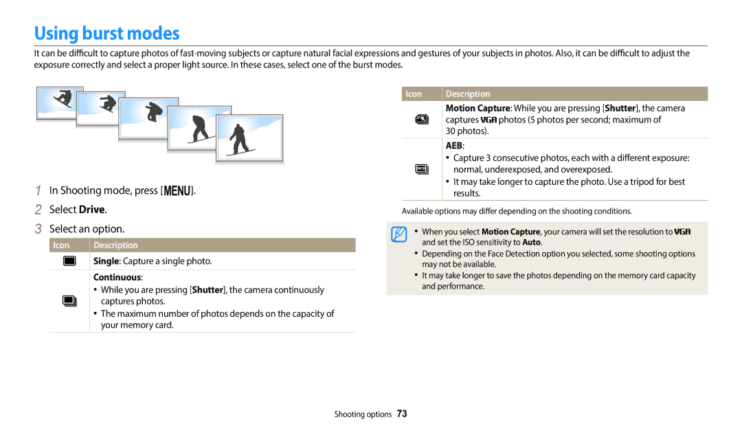 Samsung EC-ST152FBDBE3 manual Using burst modes, Shooting mode, press m Select Drive Select an option, Continuous, Captures 