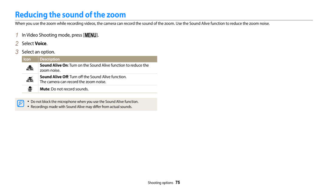 Samsung EC-ST73ZZBDRFR manual Reducing the sound of the zoom, Video Shooting mode, press m. Select Voice Select an option 