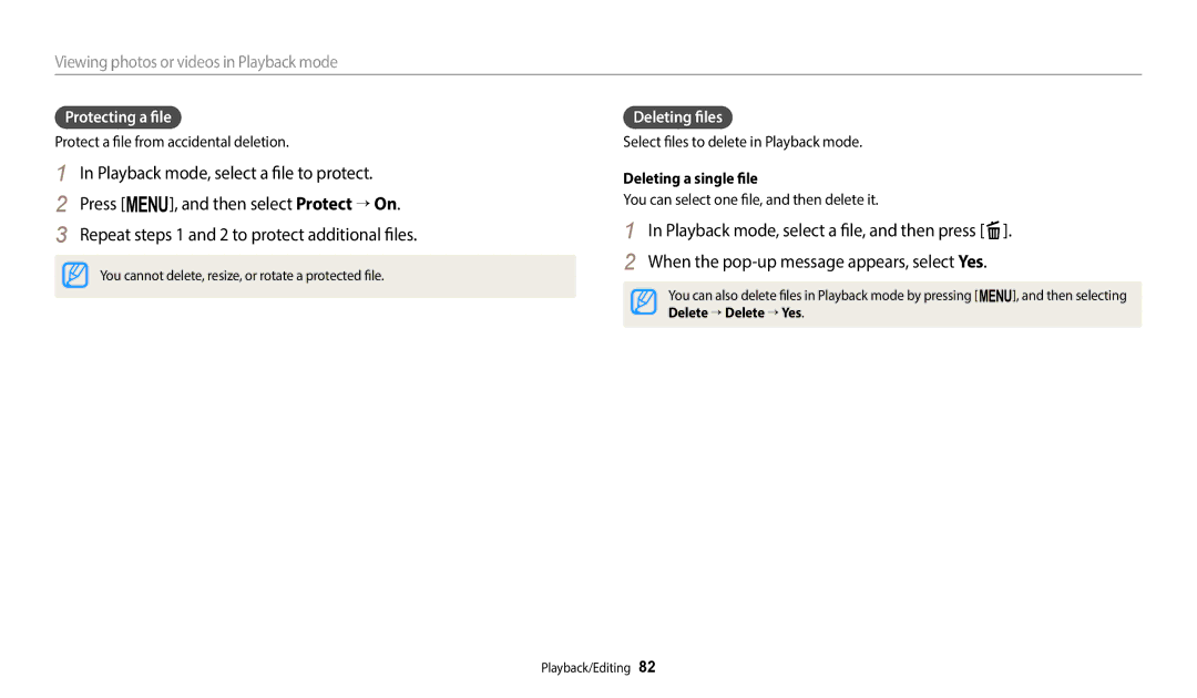 Samsung EC-ST150FBPWFR, EC-ST73ZZBDRFR, EC-ST73ZZBDBFR manual Protecting a file, Deleting files, Deleting a single file 