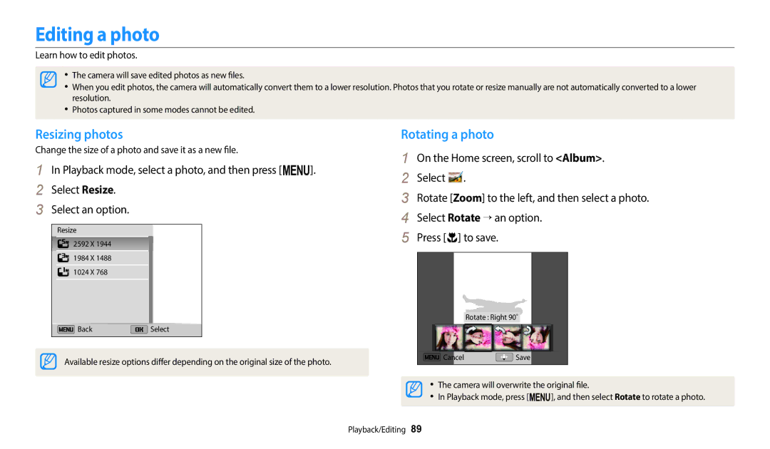 Samsung EC-ST73ZZBDWE1, EC-ST73ZZBDRFR manual Editing a photo, Resizing photos, Rotating a photo, Learn how to edit photos 