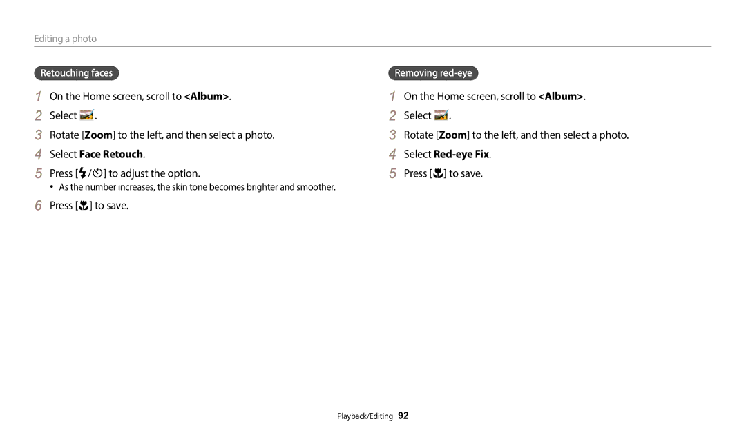 Samsung EC-ST72ZZBPLE1 manual Select Face Retouch, Press F/t to adjust the option, Select Red-eye Fix, Retouching faces 