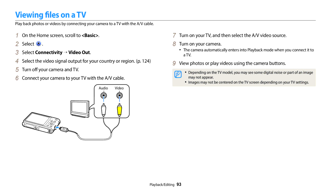 Samsung EC-ST72ZZBPBIL, EC-ST73ZZBDRFR, EC-ST73ZZBDBFR manual Viewing files on a TV, Select Connectivity → Video Out 