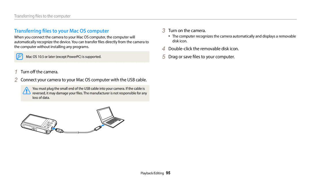 Samsung EC-ST72ZZBPRIL, EC-ST73ZZBDRFR, EC-ST73ZZBDBFR manual Transferring files to your Mac OS computer, Turn off the camera 